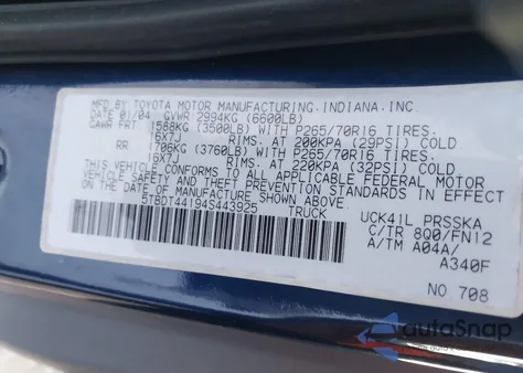 2004 Toyota Tundra Sr5 V8 из США, поврежденный, VIN 5TBDT44194S443925